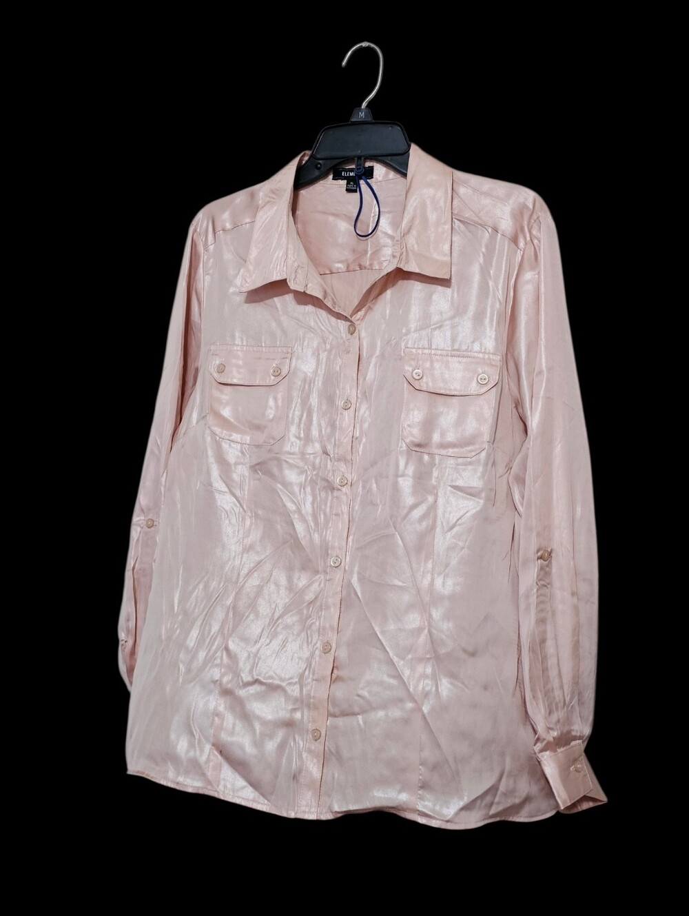 Elements Pink Shiny Crinkly Design Button Down LS Blouse Sz Xl